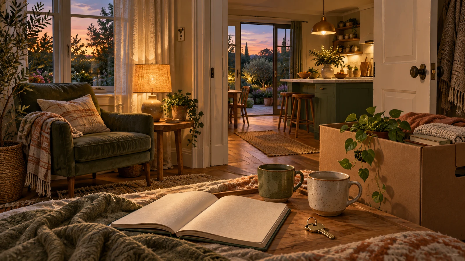 A warmly lit home with a journal, cups of tea, and moving boxes.